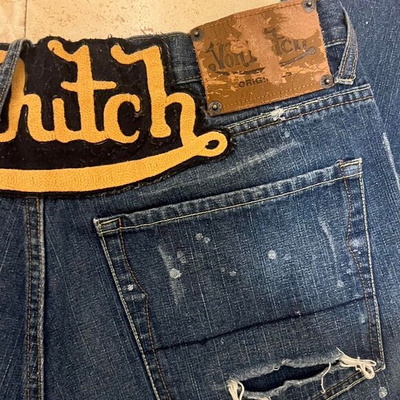VINTAGE VON DUTCH Distressed Paint Splatter Lightwash Denim Jeans Y2K Sz 36 - Picture 4 of 8